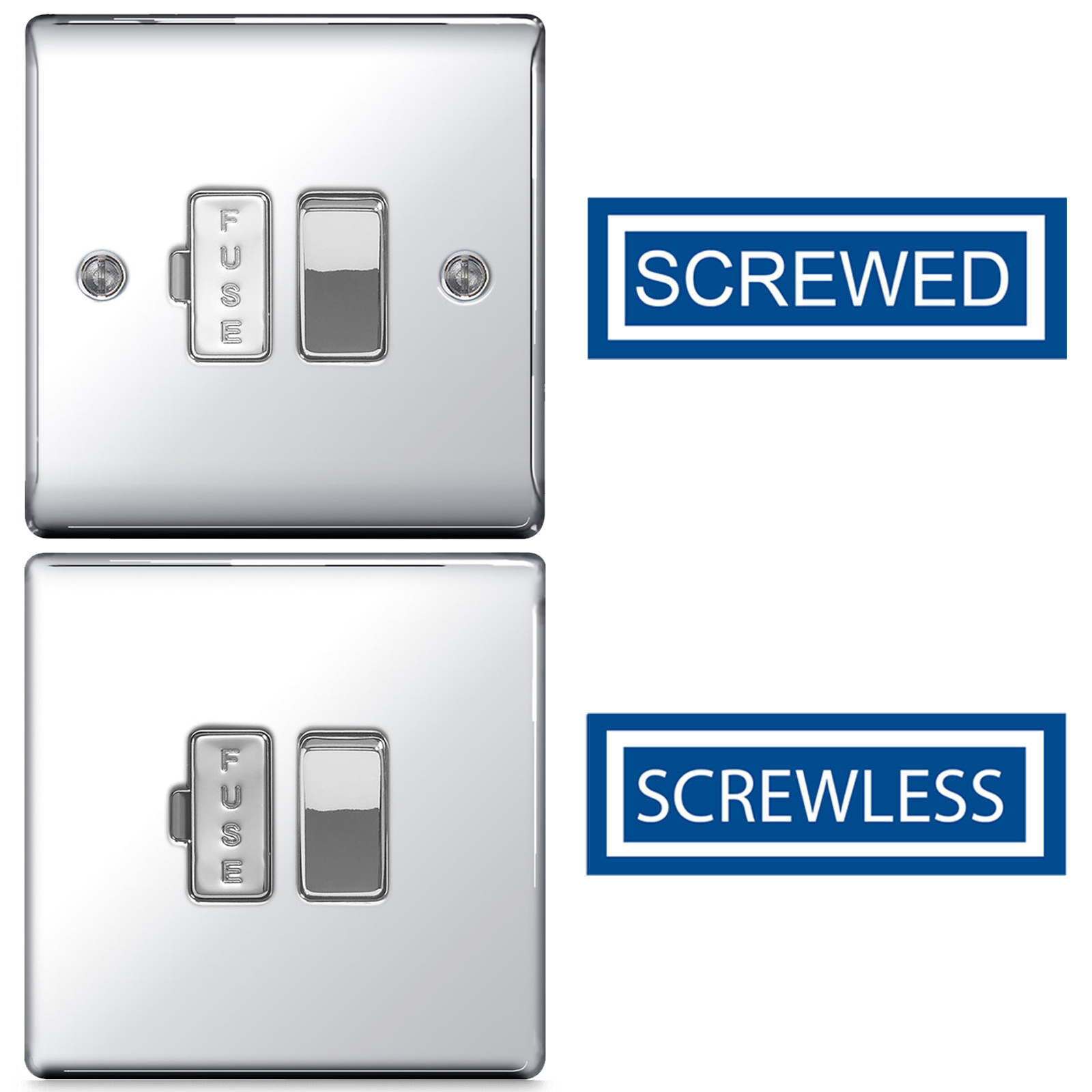 BG Polished Chrome Switches and Socket Full Range Screwed Or Screwless Flatplate